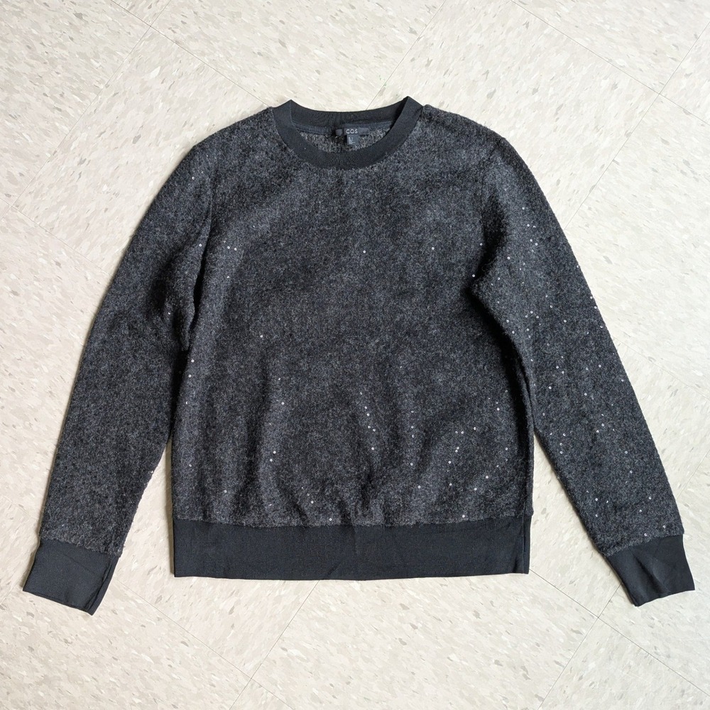 COS Charcoal Gray Sequin Wool Blend Fuzzy Crew Neck Sweater Womens Small
